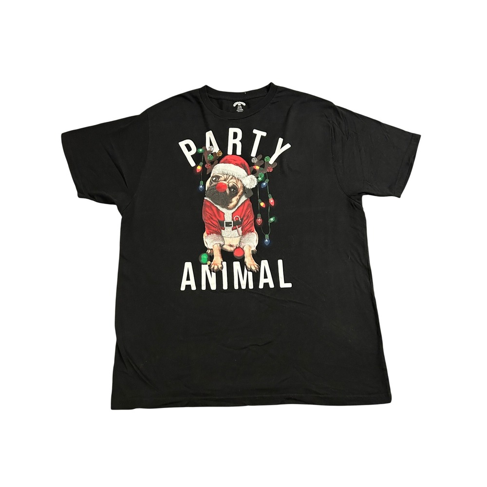 Holiday Time Party Animal Pug Christmas T-Shirt Mens XL Black Excellent Graphic